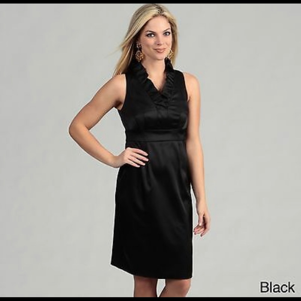 London Times Black Satin Ruffle Dress